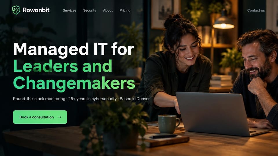 IT company website design, managed IT in a warm, lamplit office: dark warm photo of a woman and a man at a laptop in a lamplit office, large white and green headline, green consultation button