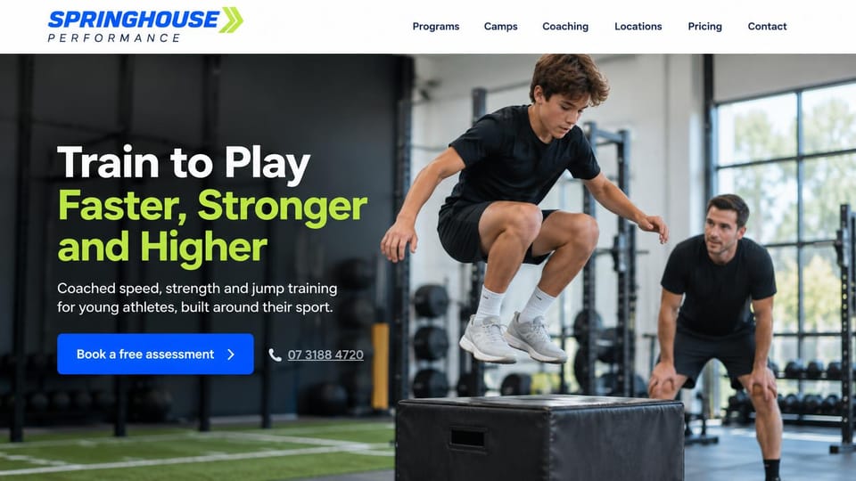 Personal trainer website design, youth sports performance with camps and locations: white menu bar, a dark gym photo of a teenager box jumping as a coach watches, a white and lime headline, a blue assessment button