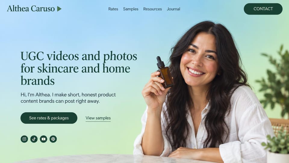 UGC portfolio website design, skincare UGC on a blue and mint gradient: pale blue to mint gradient, dark green serif headline and button, a smiling woman holding an amber dropper bottle