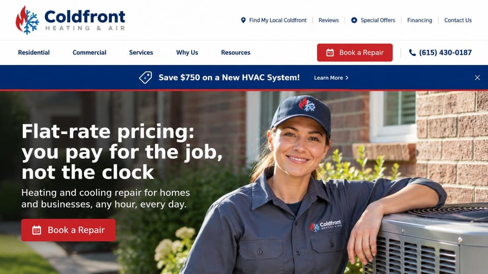 Contractor website design, hVAC with flat-rate pricing up front: white header and blue promo bar, a navy headline beside a smiling technician by an AC unit, red buttons