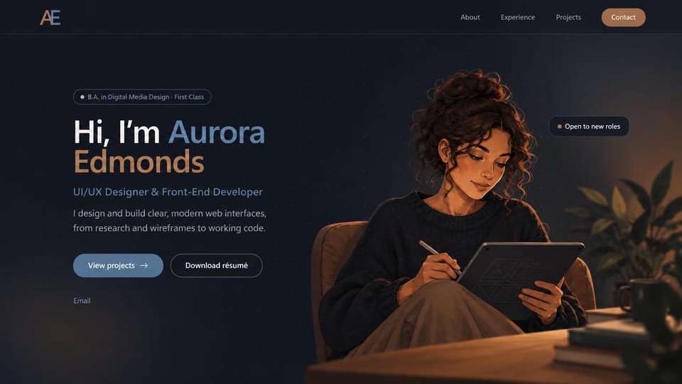 Developer portfolio website design, designer and front-end developer with a painted portrait: dark navy page with copper accents, a white, pale blue and copper hello, a degree badge, a blue-gray projects button, an outlined résumé button and a painting of a curly-haired woman drawing on a tablet in an armchair