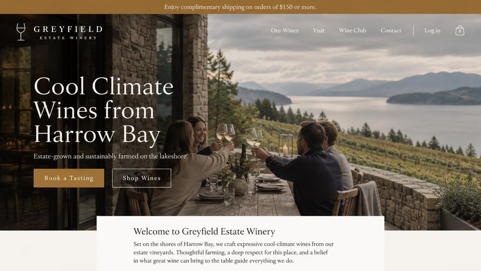Winery and brewery website design, cool-climate winery by a lake: photo of guests toasting on a terrace above a lake and vineyards, a large white serif headline, a gold button and a white welcome panel overlapping the photo