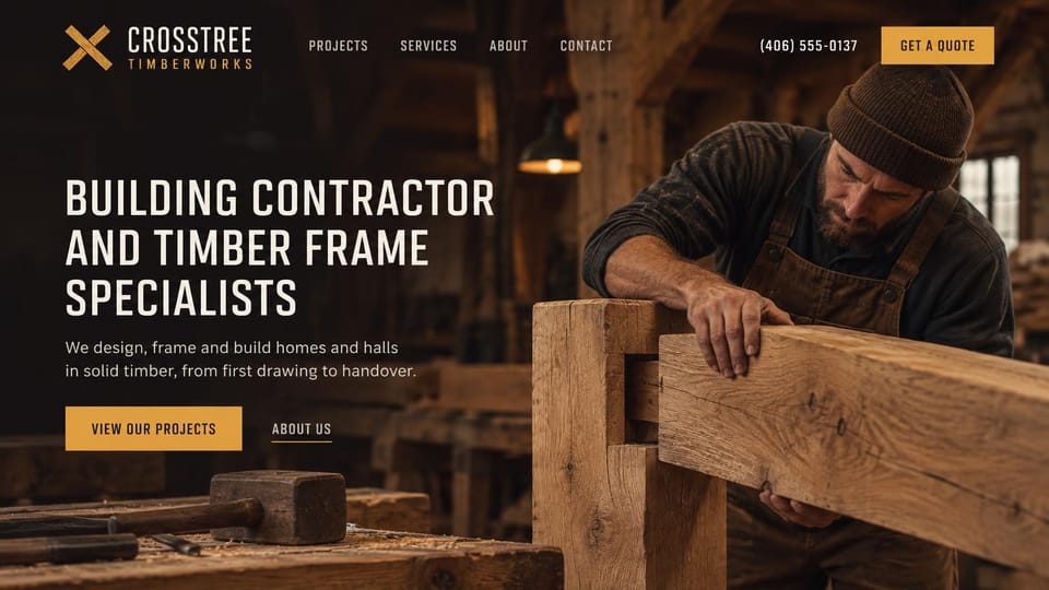 Construction website design, timber frame specialists in the workshop: dark timber workshop, a bearded carpenter in a knit cap fitting an oak beam joint, a tall cream condensed headline and a gold button