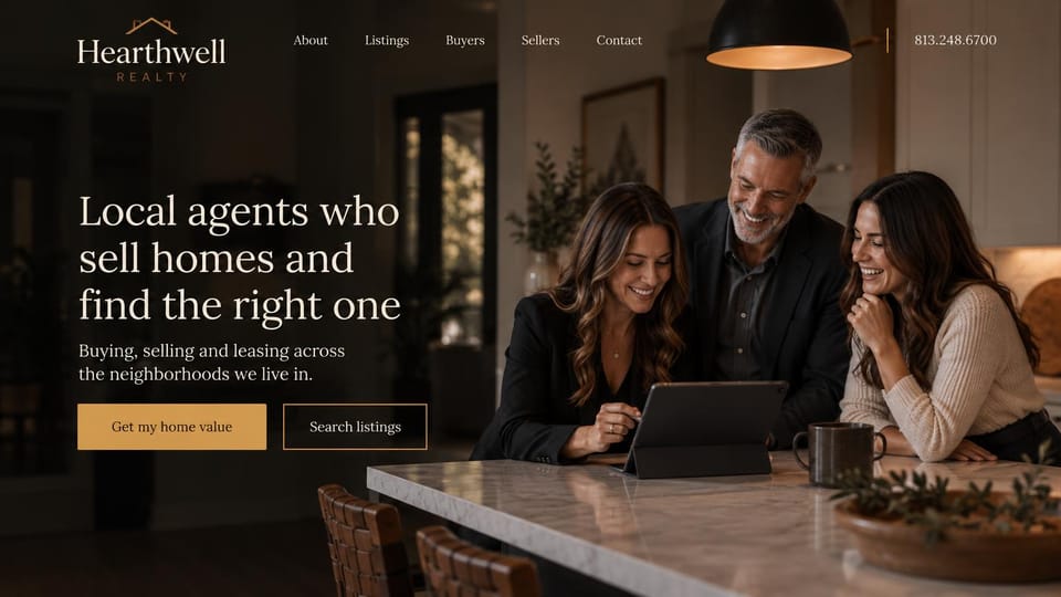 Real estate website design, local team around the kitchen table: black and gold, three agents laughing around a laptop in a warm kitchen beside a serif headline