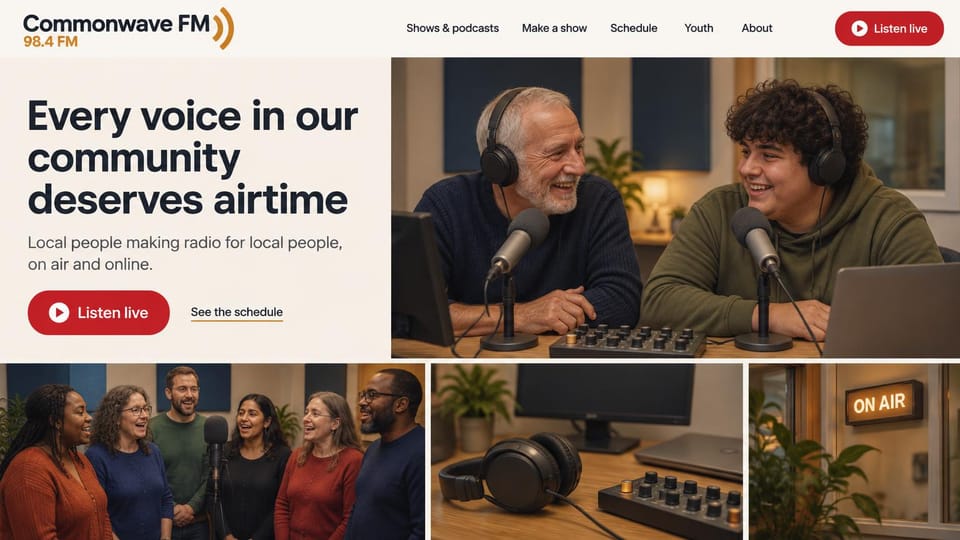 Radio station website design, community radio that invites listeners on air: cream page, a dark headline and red listen buttons, an older and a younger host at microphones, and a strip of photos of volunteers and studio gear