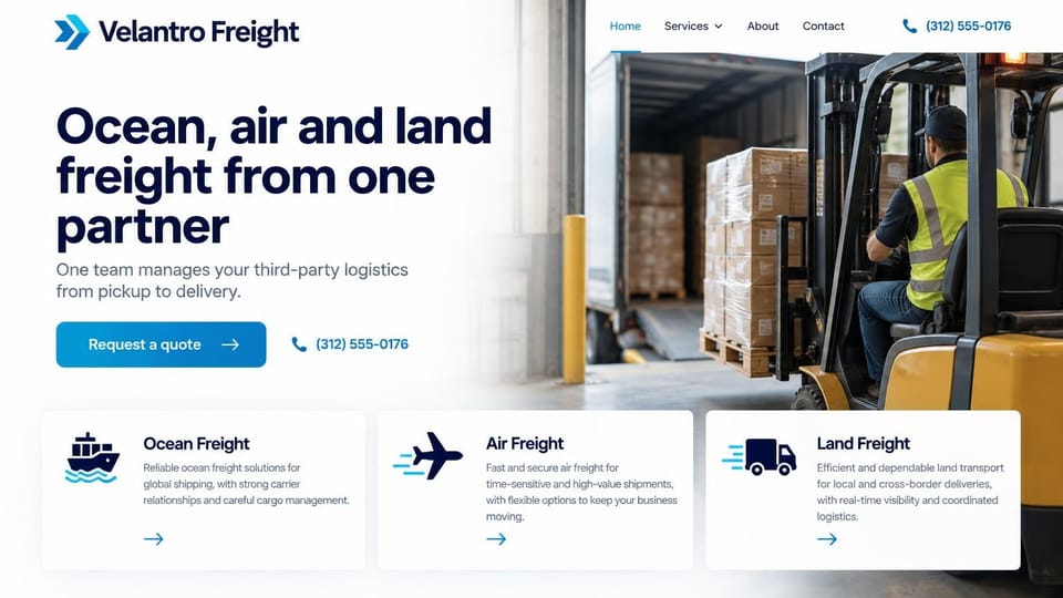 Logistics website design, multimodal 3PL with a forklift at the trailer: white page fading into a photo of a driver in a safety vest on a yellow forklift loading wrapped pallets into a trailer, bold navy headline, blue quote button with a phone link, three white cards with navy ship, plane and truck icons
