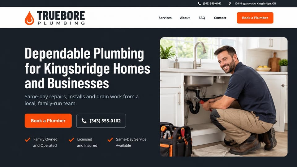 Plumbing website design, family plumber on charcoal with three promises: charcoal top bar and hero, an orange drop logo with a heavy condensed name, a white condensed headline, an orange book button and outlined phone button, orange check marks, a rounded photo of a plumber under a kitchen sink