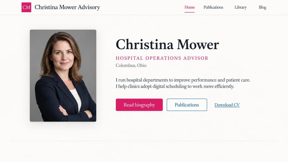 Resume website design, hospital operations leader with a formal portrait: warm white page, a portrait of a woman in a navy blazer with crossed arms, a large black serif name, a magenta small-caps title, a magenta biography button and an outlined publications button
