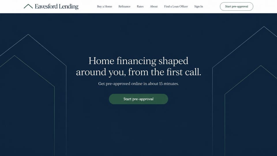 Mortgage website design, lender with a quiet headline on navy: white header, a deep navy hero with thin house outlines, a centered white serif headline and a green pre-approval button