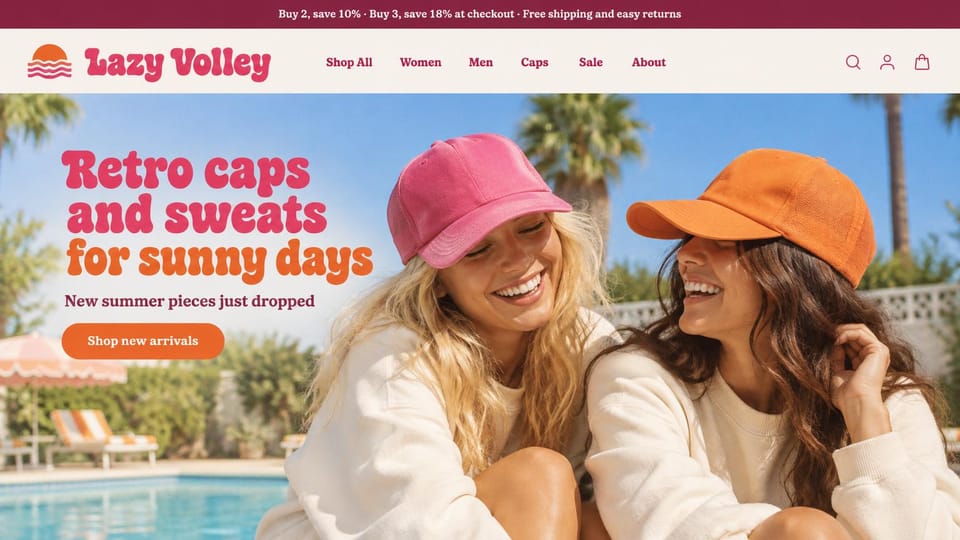 Fashion website design, retro caps and sweats by a palm-lined pool: burgundy top bar, a sunset logo and chunky pink wordmark, two laughing women in pink and orange caps and cream sweatshirts by a pool with palms, a pink and orange headline and an orange pill button