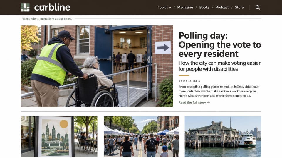News and magazine website design, city journalism with one civic lead story: dark brown header with a white wordmark, a poll worker pushing a woman in a wheelchair up a ramp, a bold charcoal headline, three city photos below