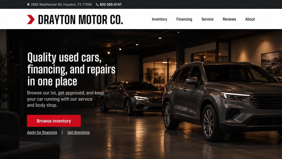 Car dealership website design, used car dealer with a service and body shop: black contact bar and white header, a dark showroom with a gray SUV and a sedan, a condensed white headline and a red inventory button