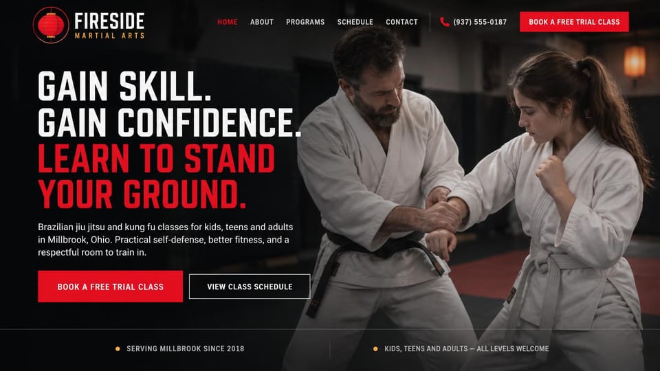 Martial arts website design, jiu-jitsu and kung fu with a stand-your-ground promise: black page, a condensed white and red headline, a photo of an instructor guiding a student through a wrist hold in white gis, red buttons