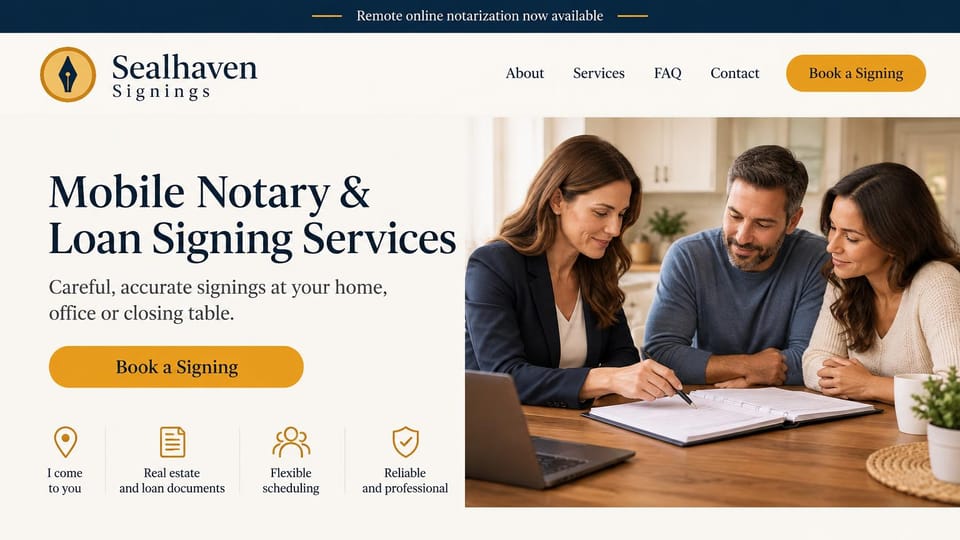 Notary website design, mobile notary and loan signing with four promise icons: cream page, a navy serif headline, a golden pill button, a notary with a couple at a kitchen table and four gold icons