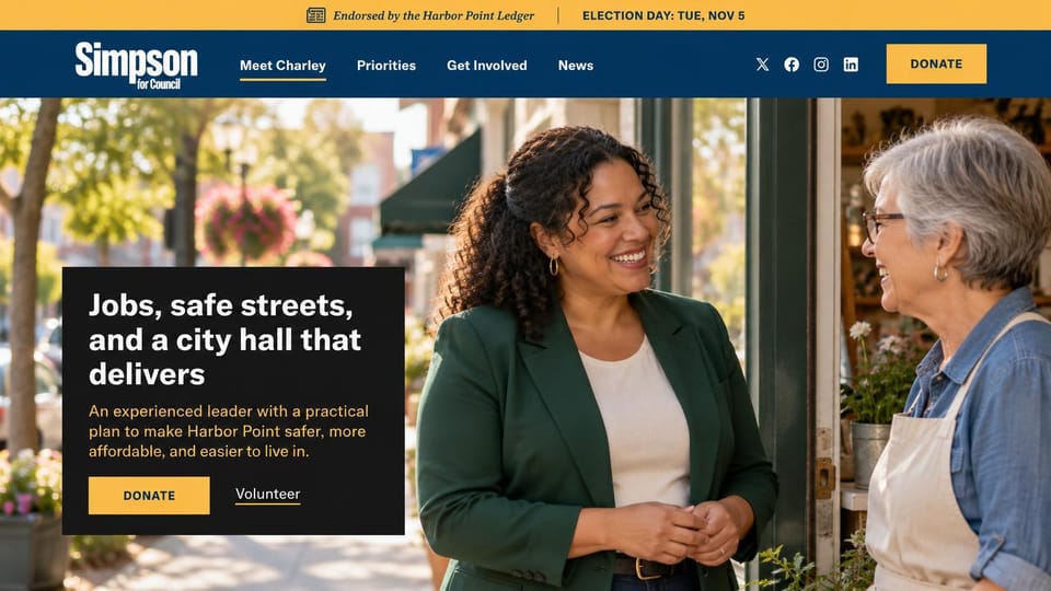 Political campaign website design, city council with an election day bar: yellow top bar and navy header with small social icons, a woman talking with a shop owner, a black text box with a yellow button