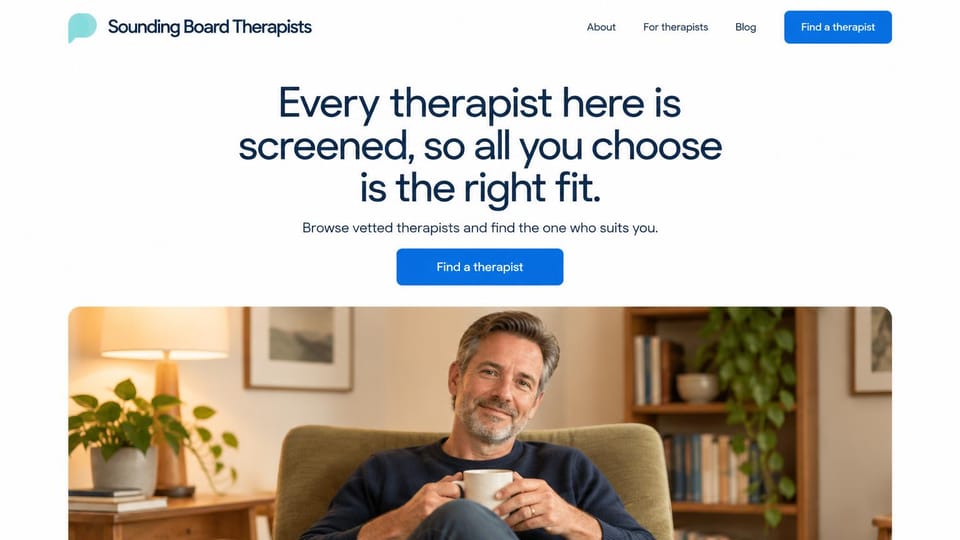 Therapist website design, screened therapists with one clear button: white page, a large navy centered headline and a blue button above a photo of a man holding a mug