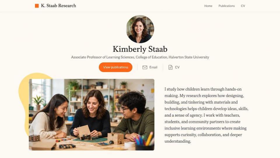 Resume website design, education professor with a centered portrait: cream page, a round portrait of a smiling woman, a centered serif name, an orange publications button and a photo of a teacher and students building models