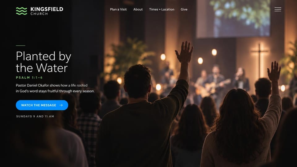Church website design, sermon series as the headline: dark worship photo with raised hands, a thin white serif headline and a blue watch button