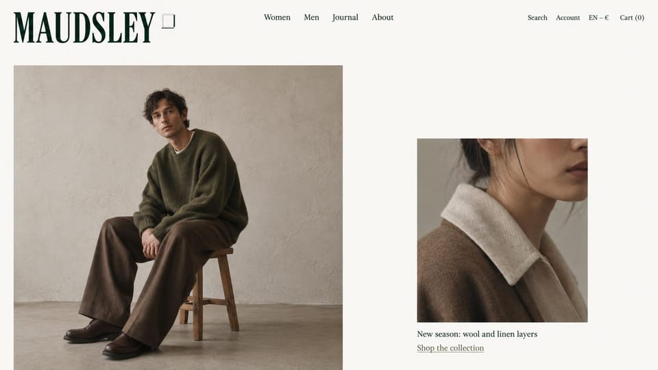 Fashion website design, wool and linen layers with a collar close-up: off-white page with a large dark green condensed logo, a man in an olive sweater on a wooden stool, a smaller collar close-up and a short caption with a link