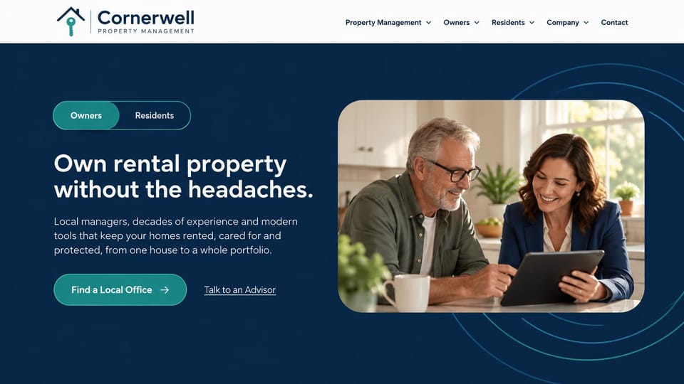 Property management website design, owners and residents toggle on navy: white header, a deep navy hero with a teal owners and residents toggle, a white headline and a rounded photo of an owner and manager