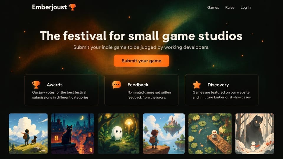 Gaming website design, indie game awards with a submission button: near-black page with an orange and green glow and floating embers, bold white headline, a glowing orange button, three outlined cards with orange icons, a strip of six storybook game illustrations