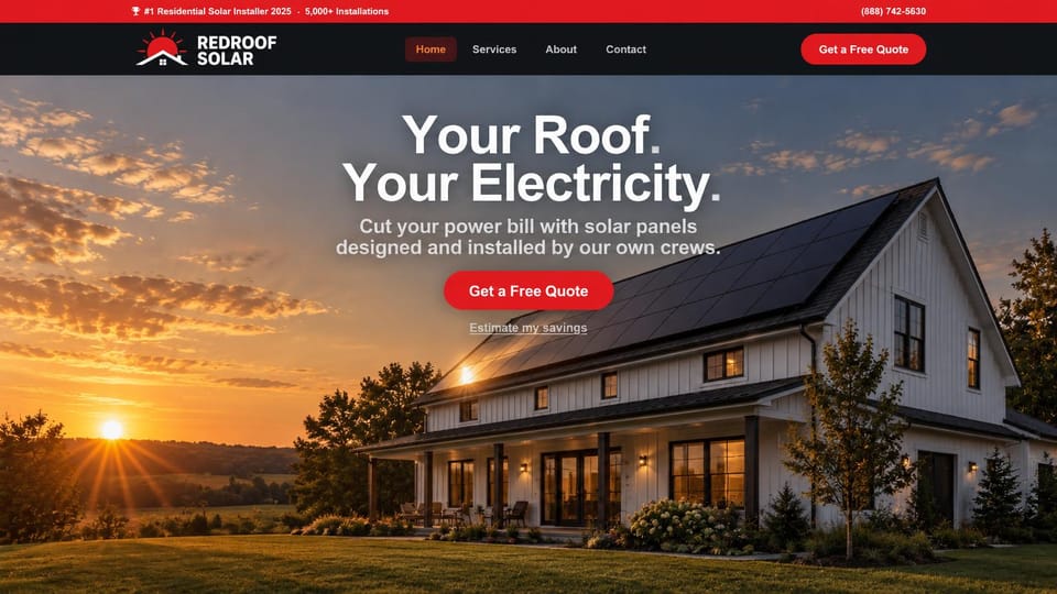 Solar website design, residential solar in bold red and sunset gold: dark header and red top bar, a sunset photo of a white barn-style home with rooftop panels, a large centered white headline and a red button
