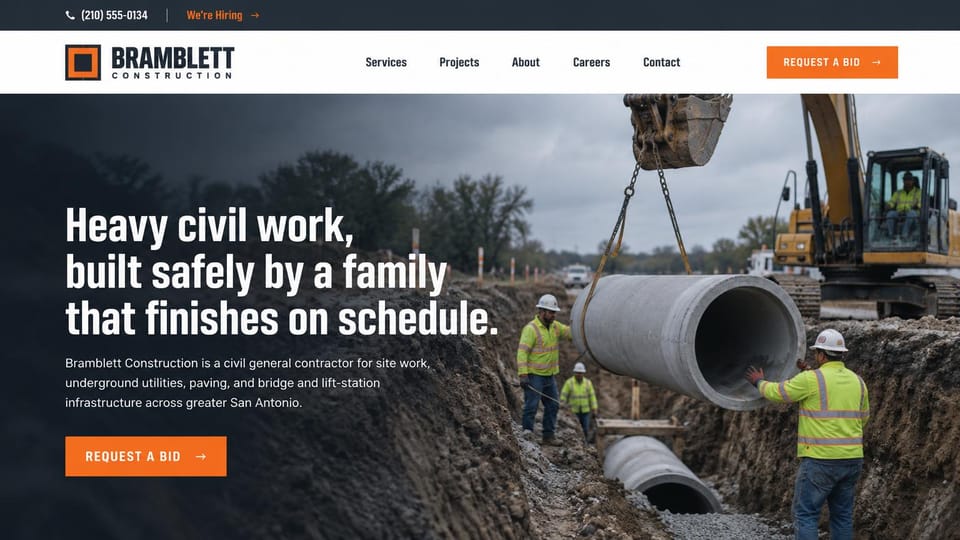 Construction website design, heavy civil and site work with a bid button: charcoal and orange, a crew lowering concrete pipe into a trench beside a bold condensed white headline