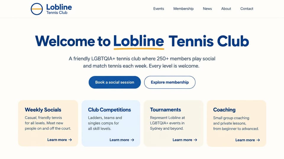 Sports team website design, social tennis club with program cards: off-white page with no photo, a centered bold navy headline with a yellow underline, a navy and an outlined button and four pastel program cards