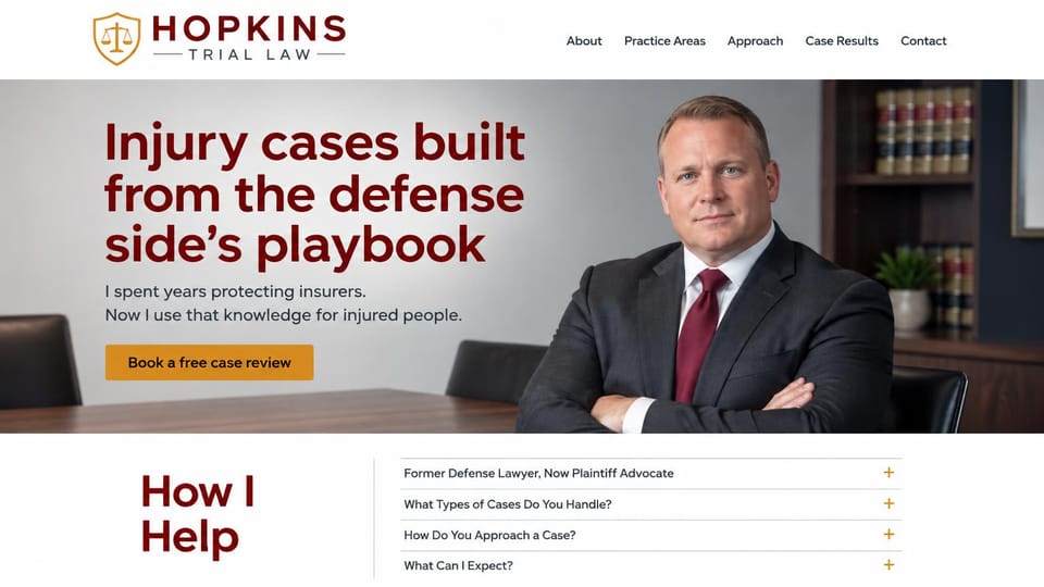 Law firm website design, personal injury with answers under the hero: white and burgundy, an attorney portrait in an office and expandable questions below