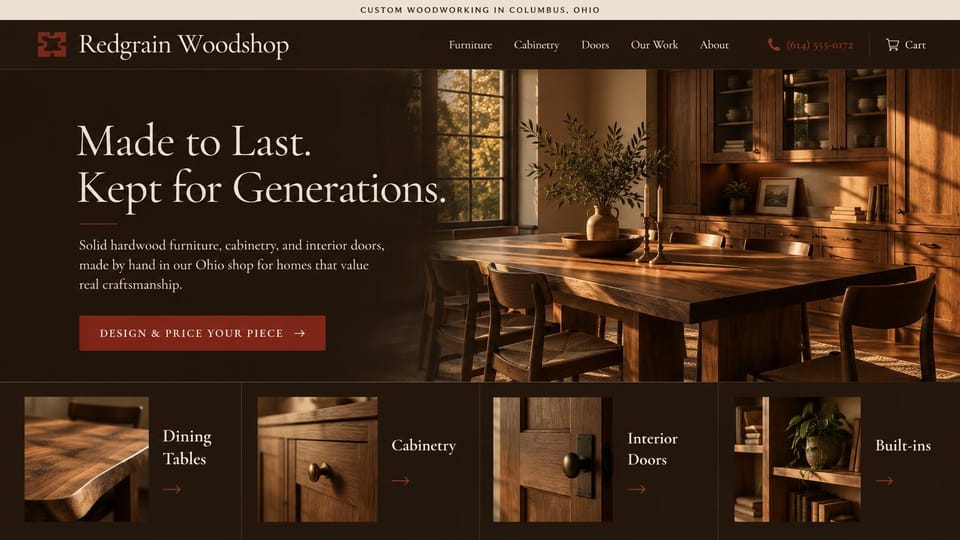 Carpentry website design, furniture, cabinets and doors with category tiles: dark brown page, a candlelit dining room with a walnut table, a cream serif headline, a red button and four wood photo tiles below