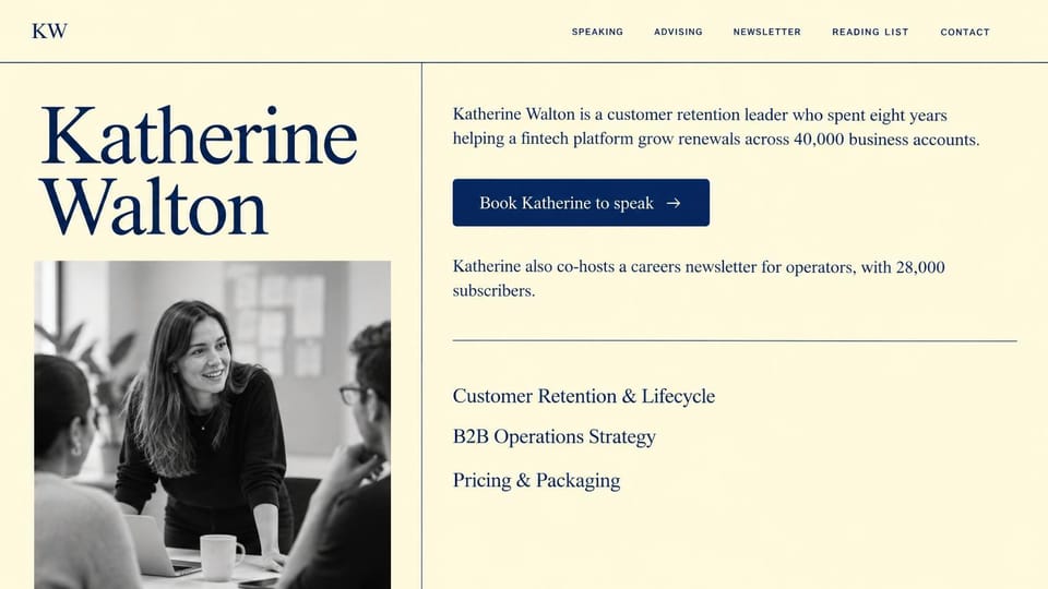 Personal website design, business advisor with a speaking button: cream and navy, a large serif name over a black and white meeting photo, a navy book to speak button