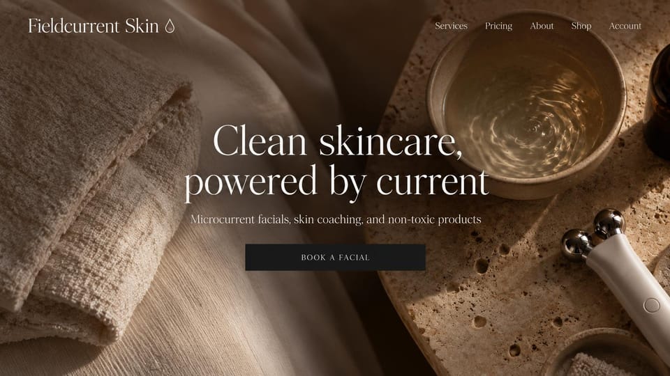 Salon website design, skincare studio with a quiet still life: earthy brown, an overhead still life of a facial tool, towel and bowl behind a centered serif headline