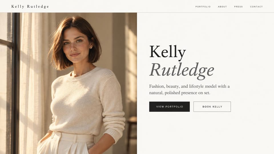 Model portfolio website design, beauty and lifestyle model, warm and natural: cream page split in half, a sunlit portrait of a woman in a cream sweater, a large black serif name with an italic surname, black and outlined buttons