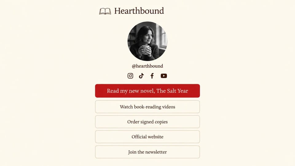 Author website design, novelist link page in cream: cream page, a round black and white portrait, a red featured button and outlined links