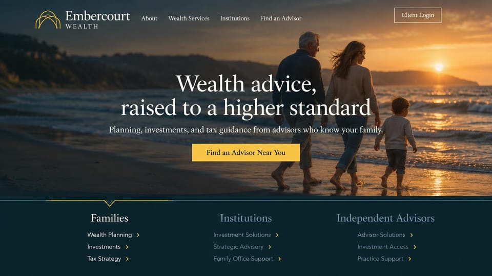 Financial advisor website design, wealth firm with paths for families and institutions: family walking on a beach at sunset, centered white serif headline, yellow button and navy tabs for client types below