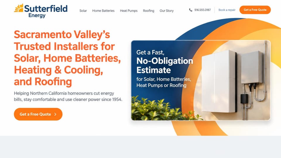 Solar website design, solar, batteries and roofing on a bright white page: white page with a large orange headline, a navy estimate card and a wall-mounted home battery set over orange and navy curves