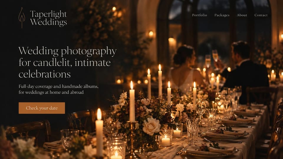 Wedding photographer website design, candlelit wedding photographer with handmade albums: dark candlelit reception table with tall tapers and flowers, a couple toasting behind it, a flame logo, a cream serif headline and a copper date button