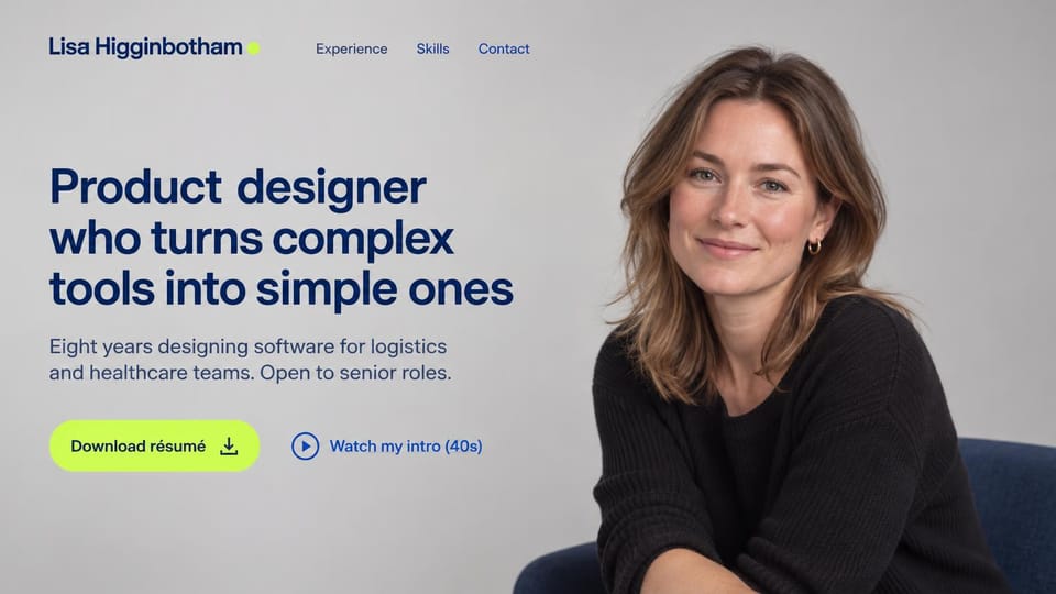 Resume website design, product designer with a short video intro: pale gray page, a navy headline, a lime resume button, a watch my intro link and a portrait of a smiling woman in a black sweater