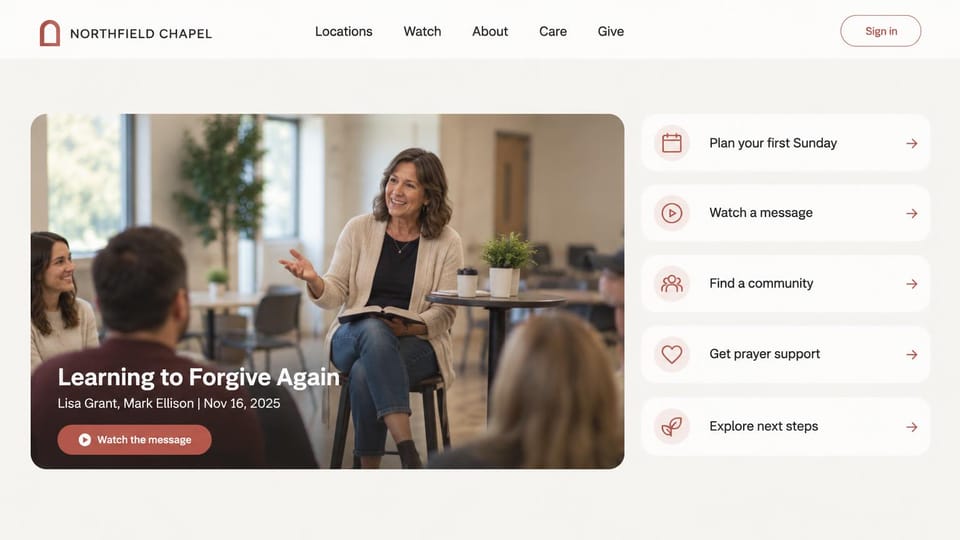 Church website design, church with next steps as a list: white page, a sermon card of a woman teaching on the left and five next-step rows on the right
