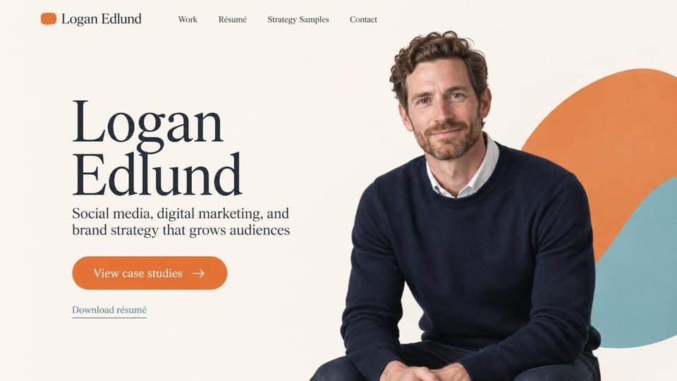 Marketing portfolio website design, brand and social strategist with a resume download: cream page, a huge navy serif name, an orange pill button and a man in a navy sweater against orange and teal shapes