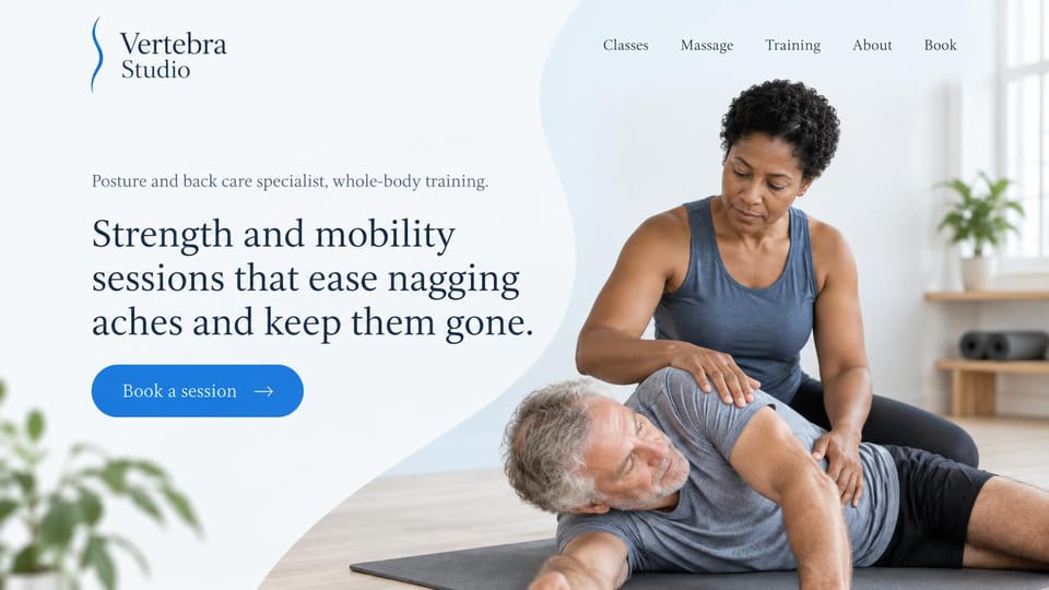 Personal trainer website design, back care and mobility sessions in soft blue serif: white and pale blue page with a wave edge, a dark serif headline, a blue booking button, a trainer pressing on an older man's shoulder as he lies on his side on a mat