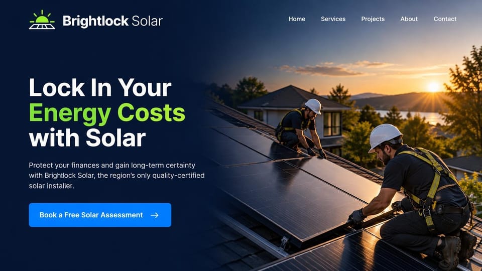 Solar website design, home solar in navy and lime with a lakeside crew: deep navy page, a white and lime headline, a bright blue assessment button, two installers in white hard hats laying panels on a roof above a lake at sunset