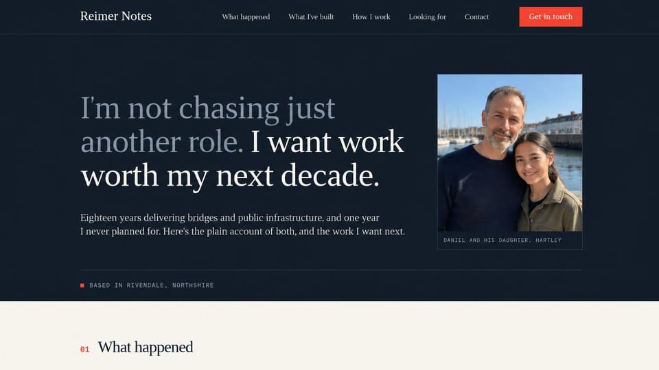 Resume website design, civil engineer's career story beside a family photo: dark navy page, a large serif headline in gray and white, a red get in touch button and a photo of a smiling man and his teenage daughter at a harbor