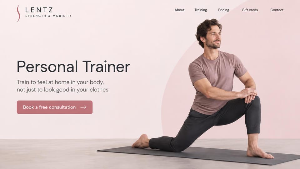 Personal trainer website design, strength and mobility training in soft blush pink: pale pink page, a thin dark headline, a rose consultation button, a man in a low lunge stretch on a mat