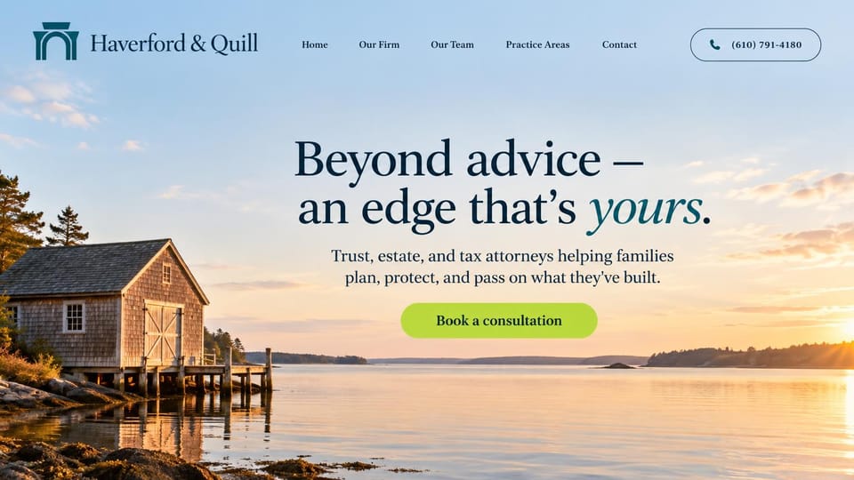 Law firm website design, estate planning with a calm landscape: a waterfront at sunset under a centered navy serif headline and a green consultation button