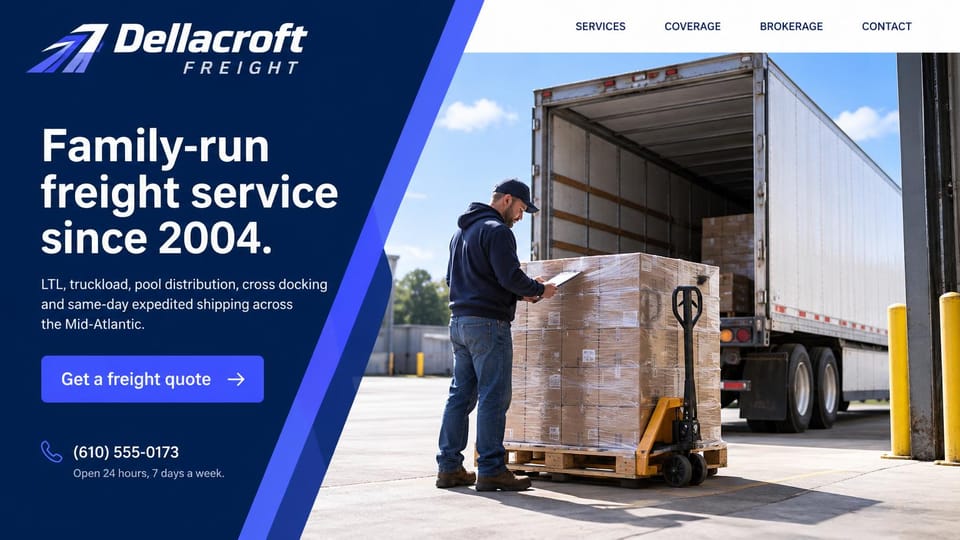 Logistics website design, family-run LTL carrier with a diagonal panel: deep blue diagonal panel with a white headline and blue quote button, a daylight photo of a man with a tablet beside a wrapped pallet at an open trailer