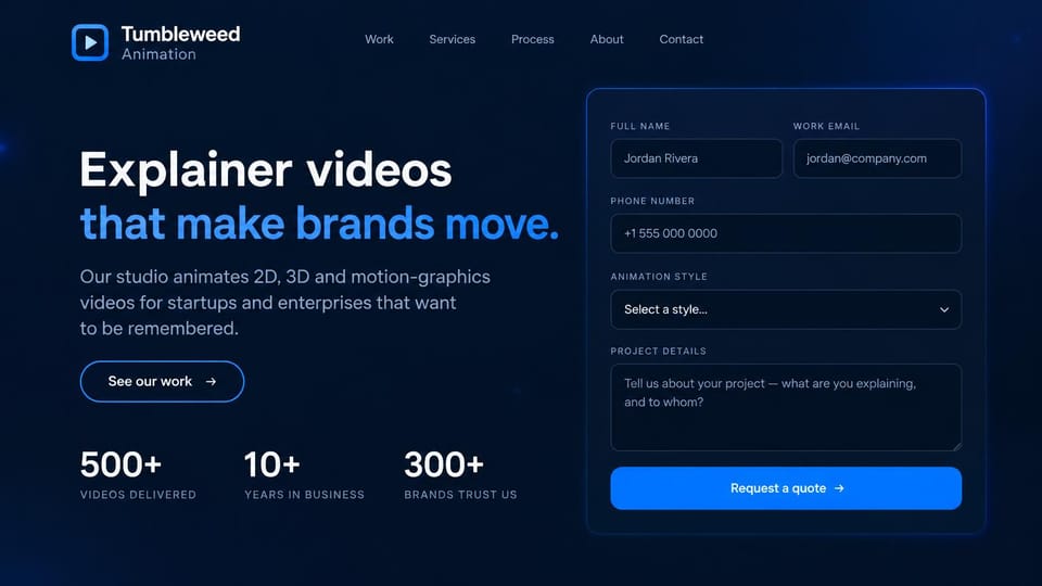 Agency website design, animation studio with the quote form open: navy page, a white and blue headline, three figures below and a quote form panel on the right