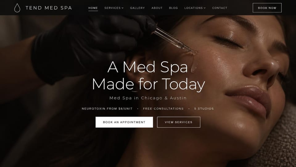 Spa website design, med spa group in dark close-up: black menu bar, dark close-up of a gloved hand applying serum to a woman's cheek, centered white headline, a white and an outlined button