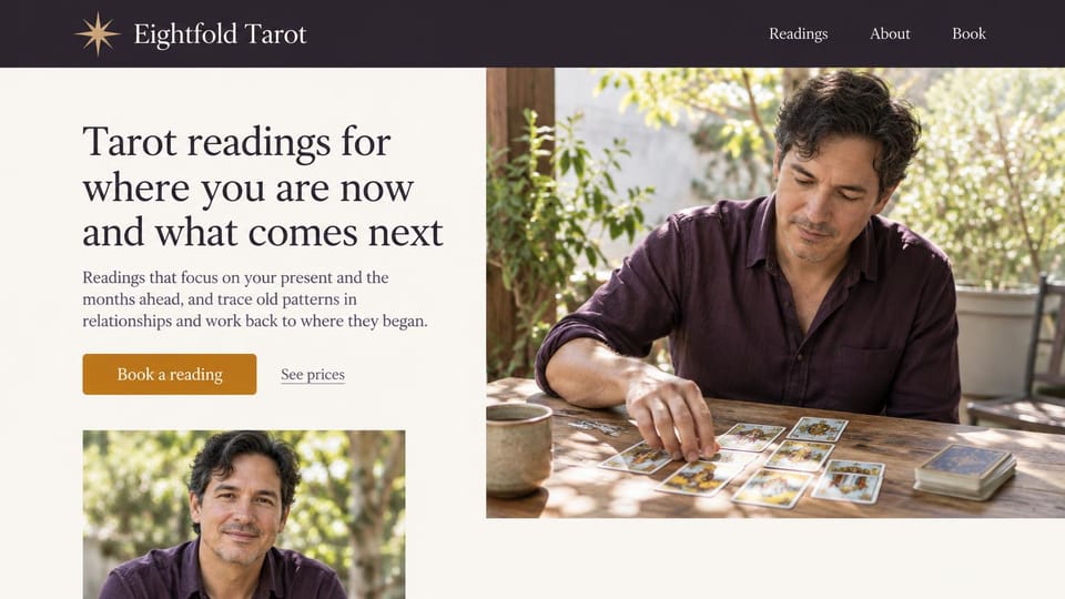 Astrology website design, tarot readings in a shady garden: cream page under a dark plum menu bar, a dark serif headline, a gold button and a prices link, a reader laying out tarot cards at a garden table in dappled sun, a smaller portrait below