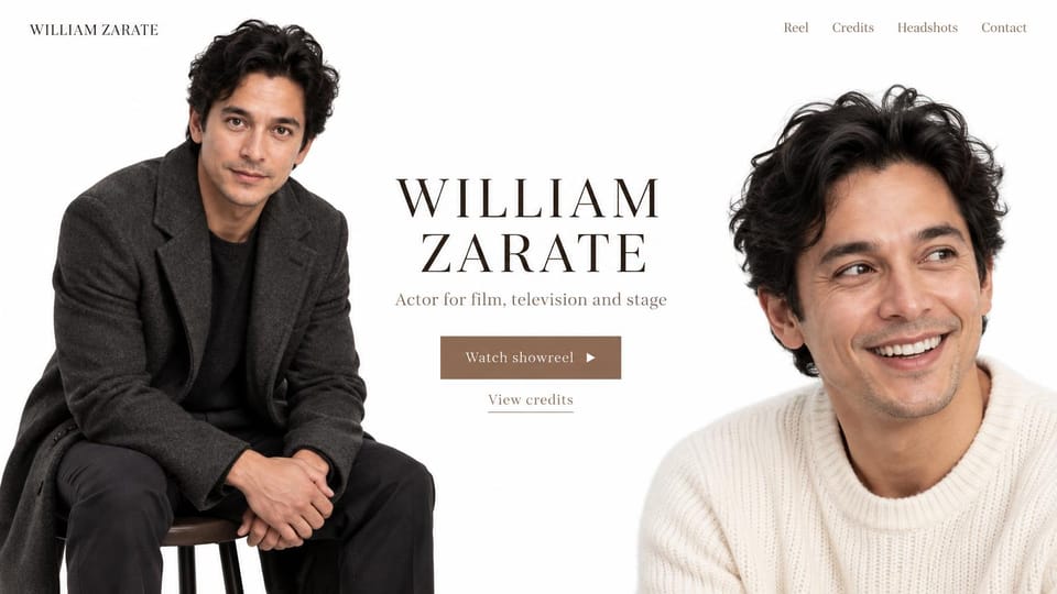 Actor website design, film, TV and stage actor between two cutout portraits: white page, cutouts of a seated man in a dark coat and a smiling man in a cream sweater framing a spaced serif name and a brown showreel button